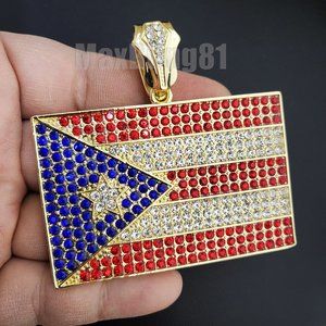 Iced Hip Hop Puerto Rico Flag Rapper's Large Bling Lab Diamond Charm Pendant